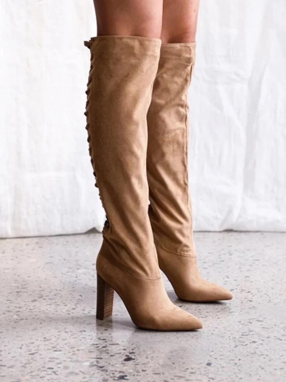 Over-the-Knee Pointed faux Suede Boots in Tan